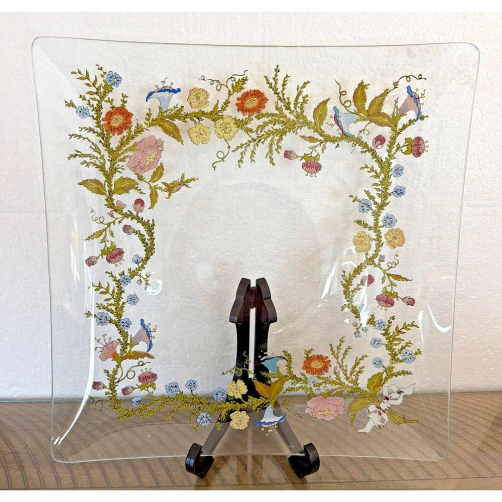 Dorothy Thorpe Square Platter Spring Harvest Flowers Clear Glass MCM Vtg 12"